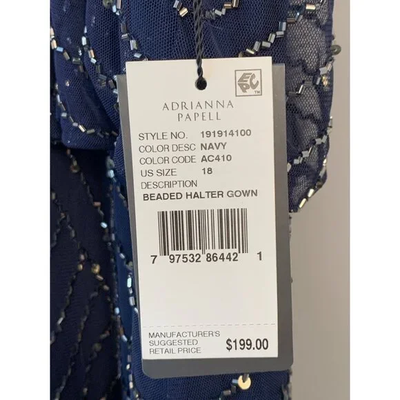 Adrianna Papell 18 Bead Halter Blousen Gown Navy Dress Art Deco Formal NwD - Picture 6 of 14